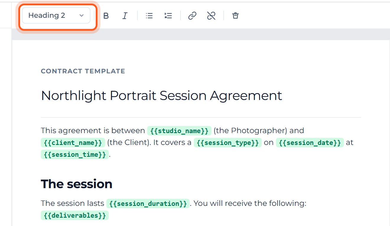 Click a section title, then choose Heading 2 in the Paragraph menu. Do this for each title.