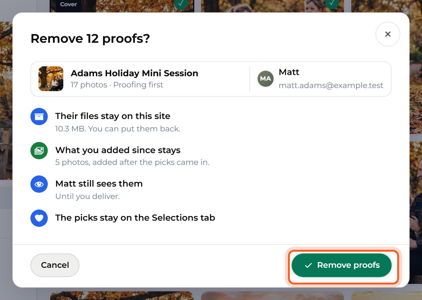 Press Remove proofs again to confirm. The proofs are kept, so you can put them back.