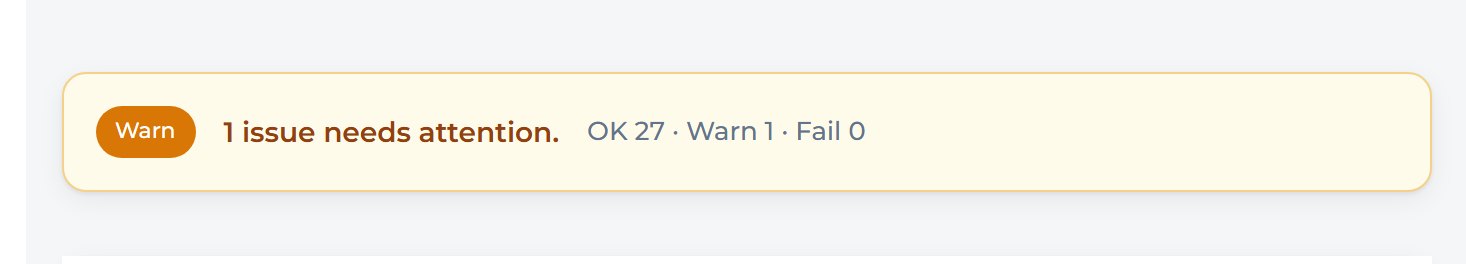 Look at the bar at the top. It counts how many checks are OK, how many show a Warn, and how many Fail.