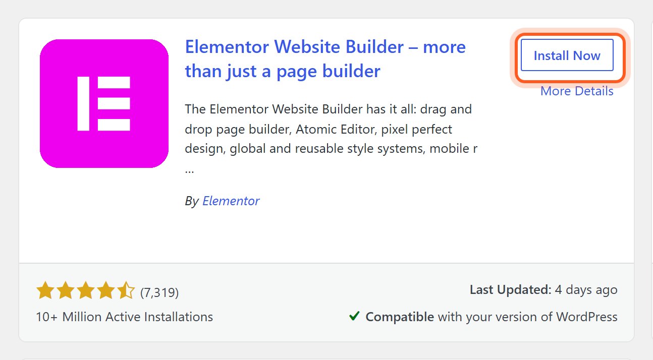 Press Install Now on the Elementor Website Builder card.