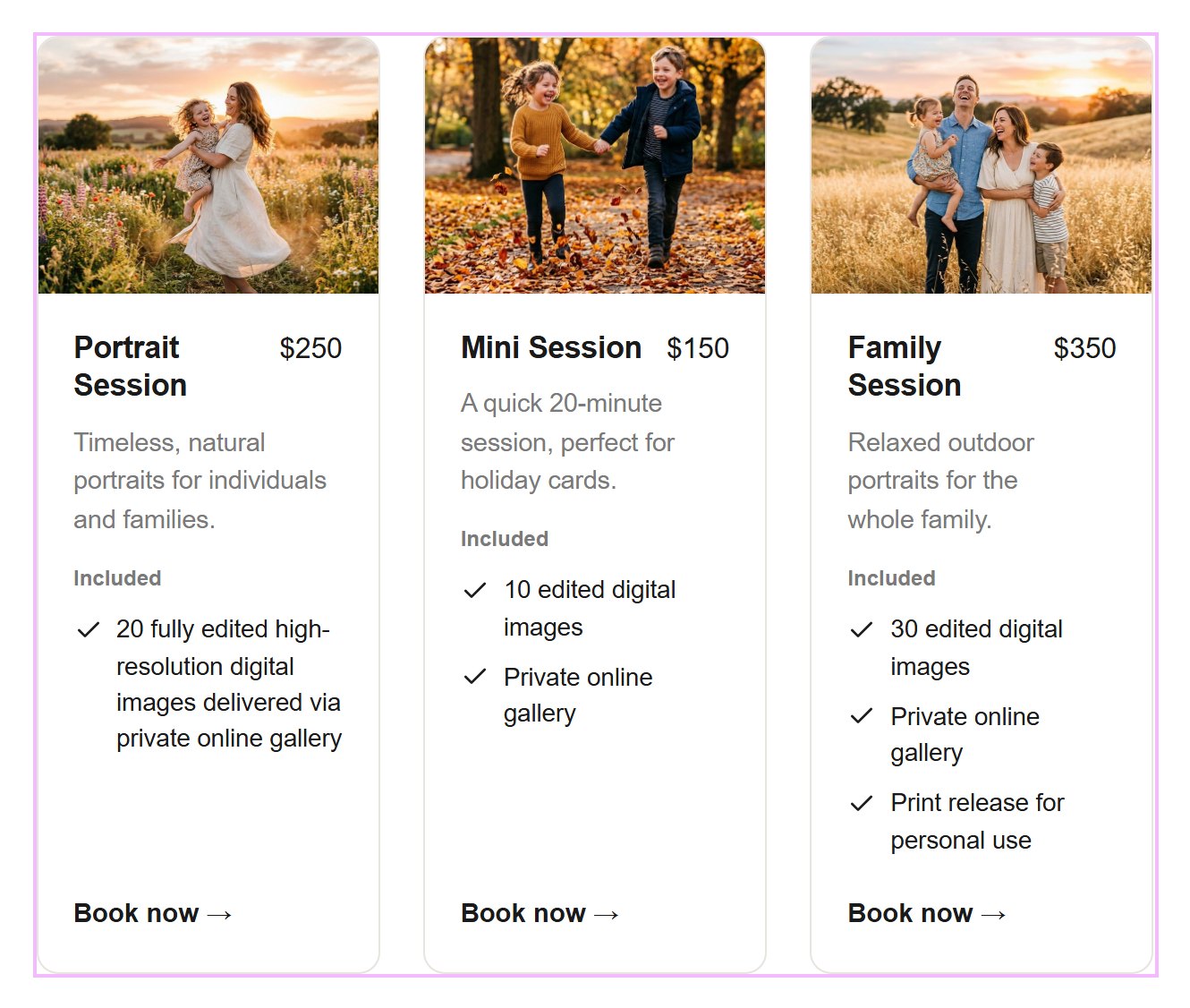 Your three session types appear as cards, with prices and a Book now button.