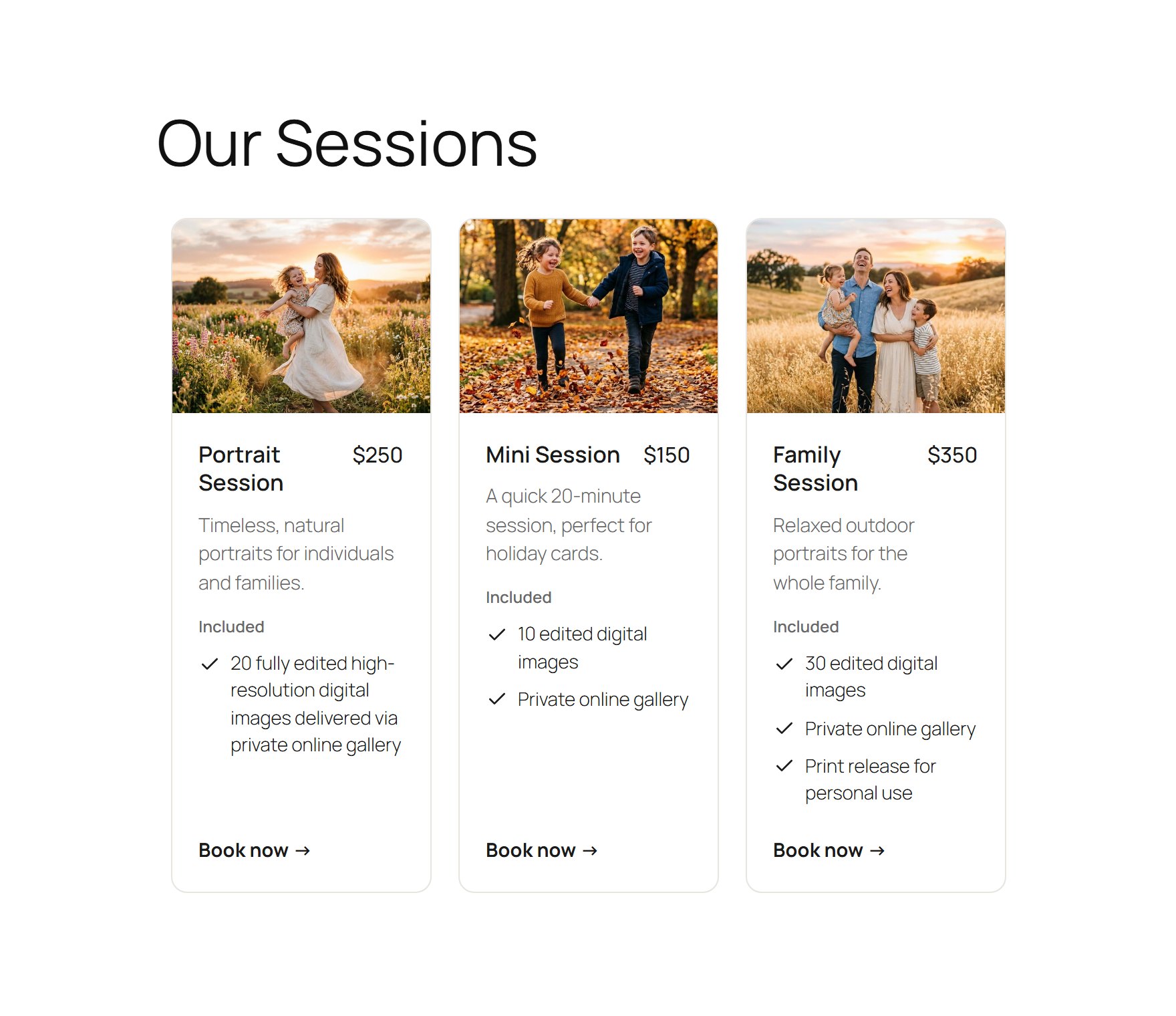 Visitors see your session cards in your theme's look.