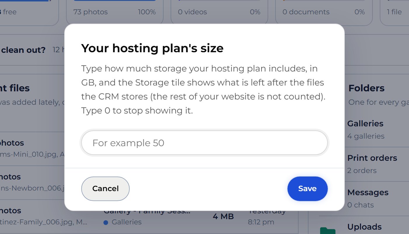 Press Plan size, type how many GB your hosting plan includes, then press Save.