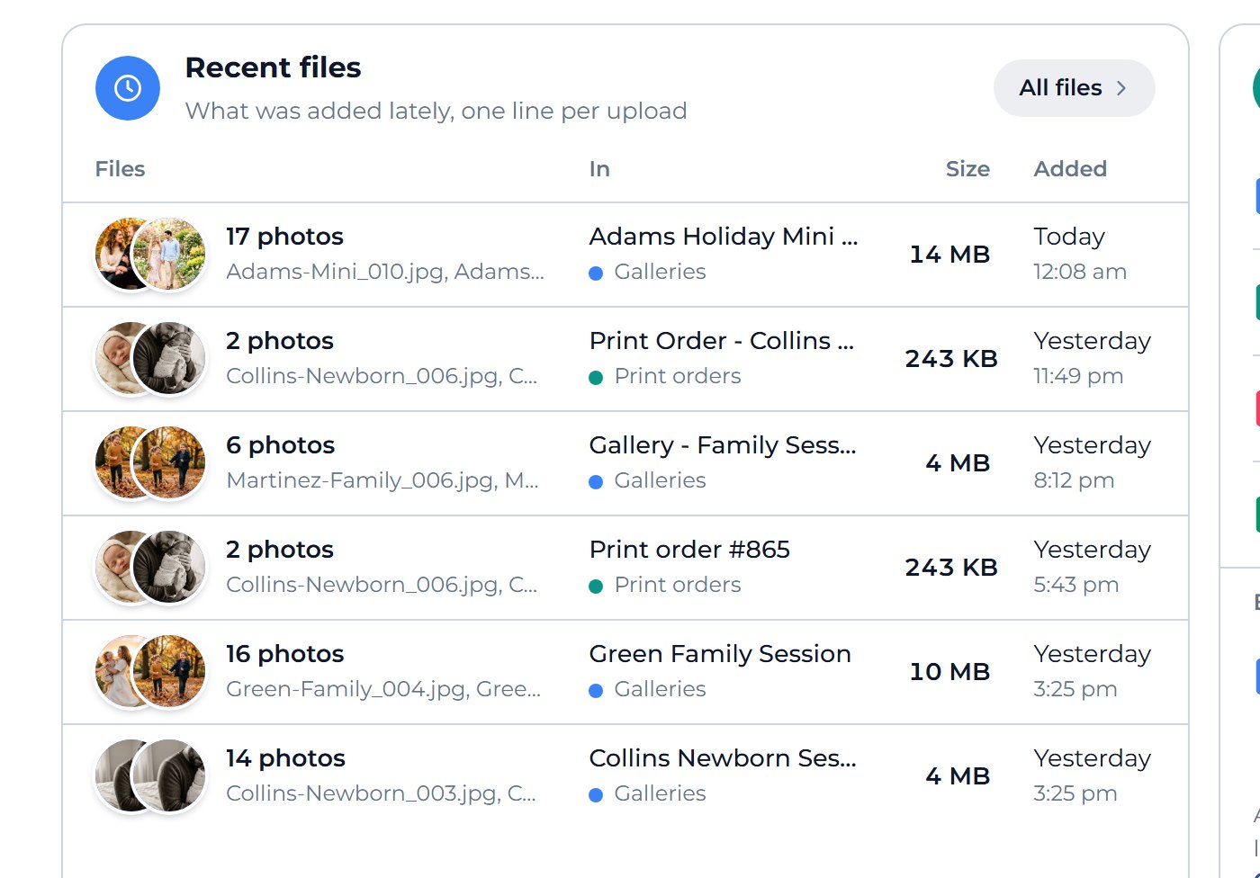 Read Recent files. Each line is one upload, and In names the gallery or order it belongs to.