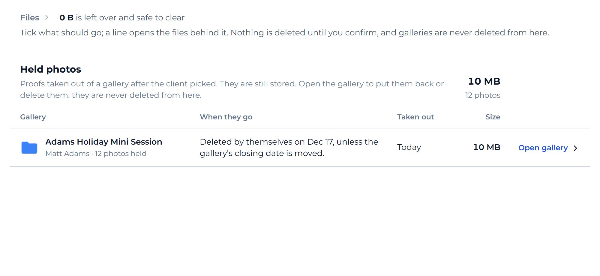 Read what is listed. Mankai deletes nothing until you tick it and confirm, and it never deletes a gallery from here.