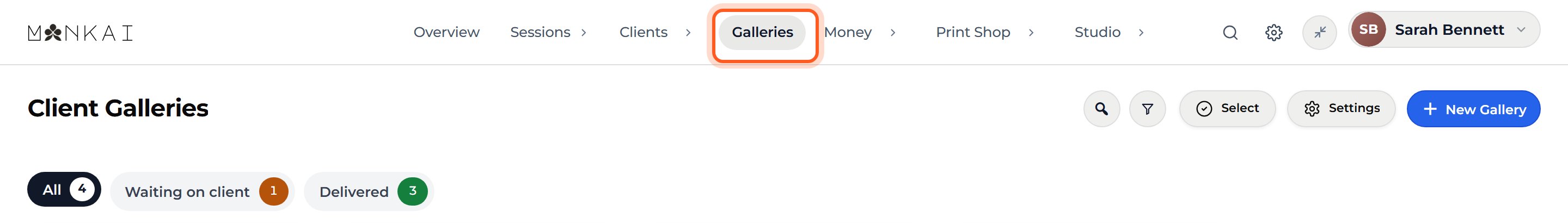 Press Galleries. It has no menu, so it opens your list of client galleries.