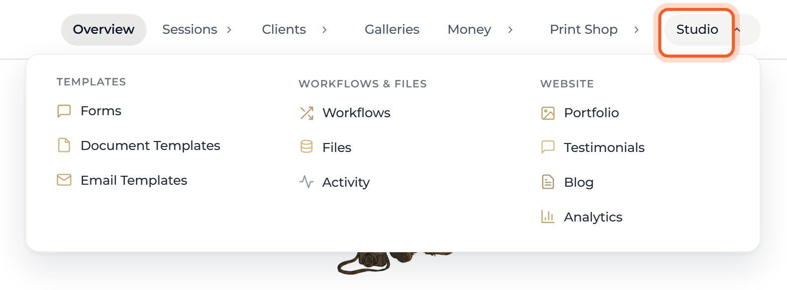Move your mouse over Studio. Your forms, templates, files and website tools are here.