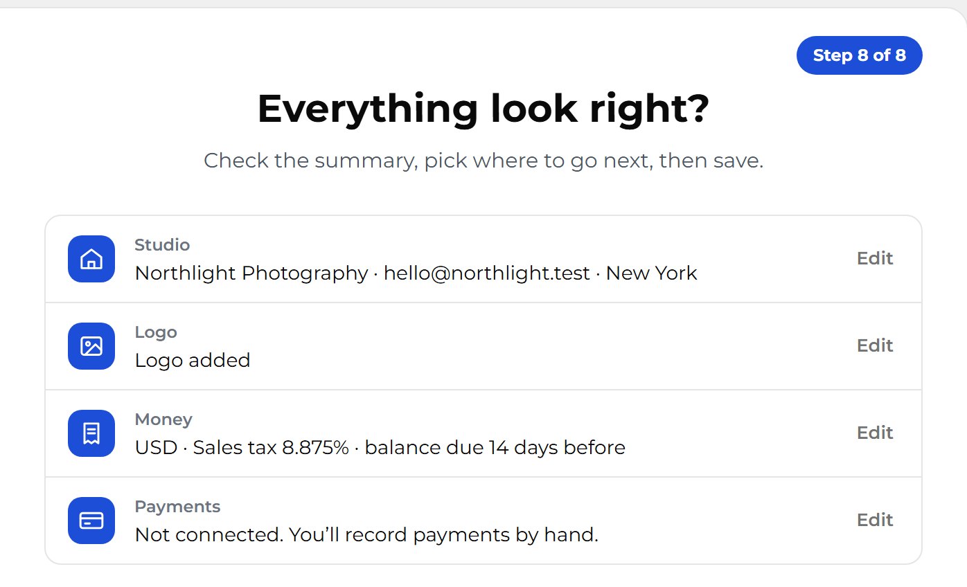 Check the summary. Studio, Logo, Money and Payments show your choices.