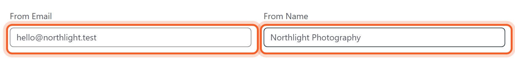 In From Email, type the address clients will see, such as hello@northlight.test. In From Name, type Northlight Photography.