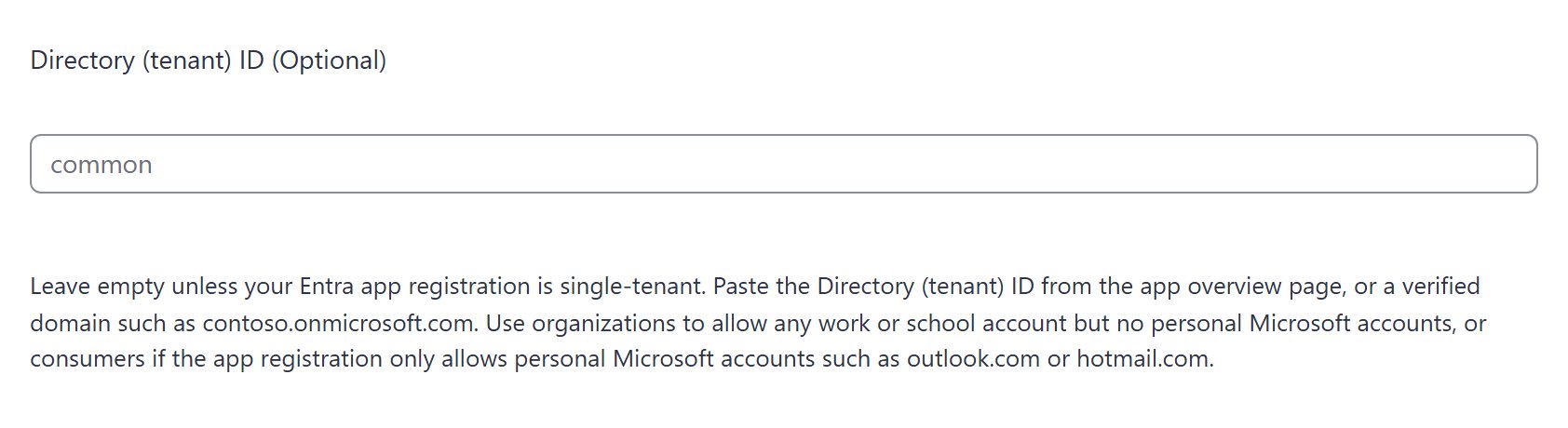 Leave Directory (tenant) ID (Optional) empty, unless the guide told you to fill it in.