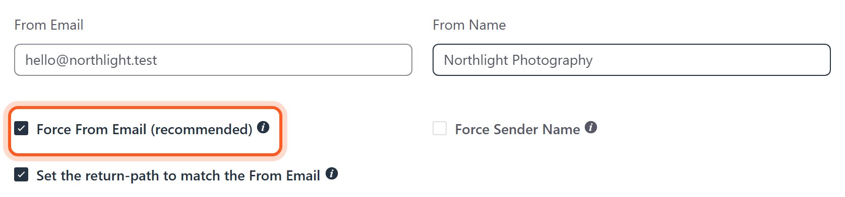 Leave Force From Email (recommended) ticked, so every email goes out from this address.