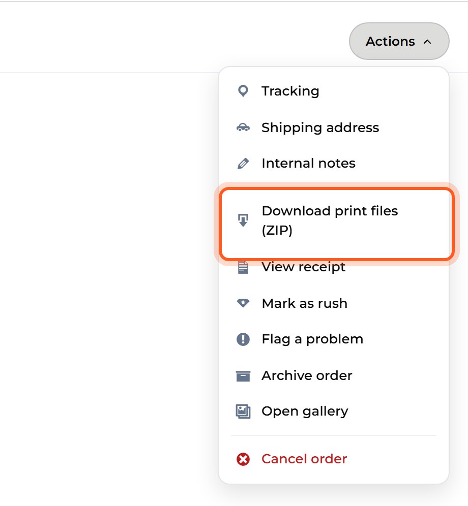 Press Actions, then choose Download print files (ZIP). Send the files to your print lab.