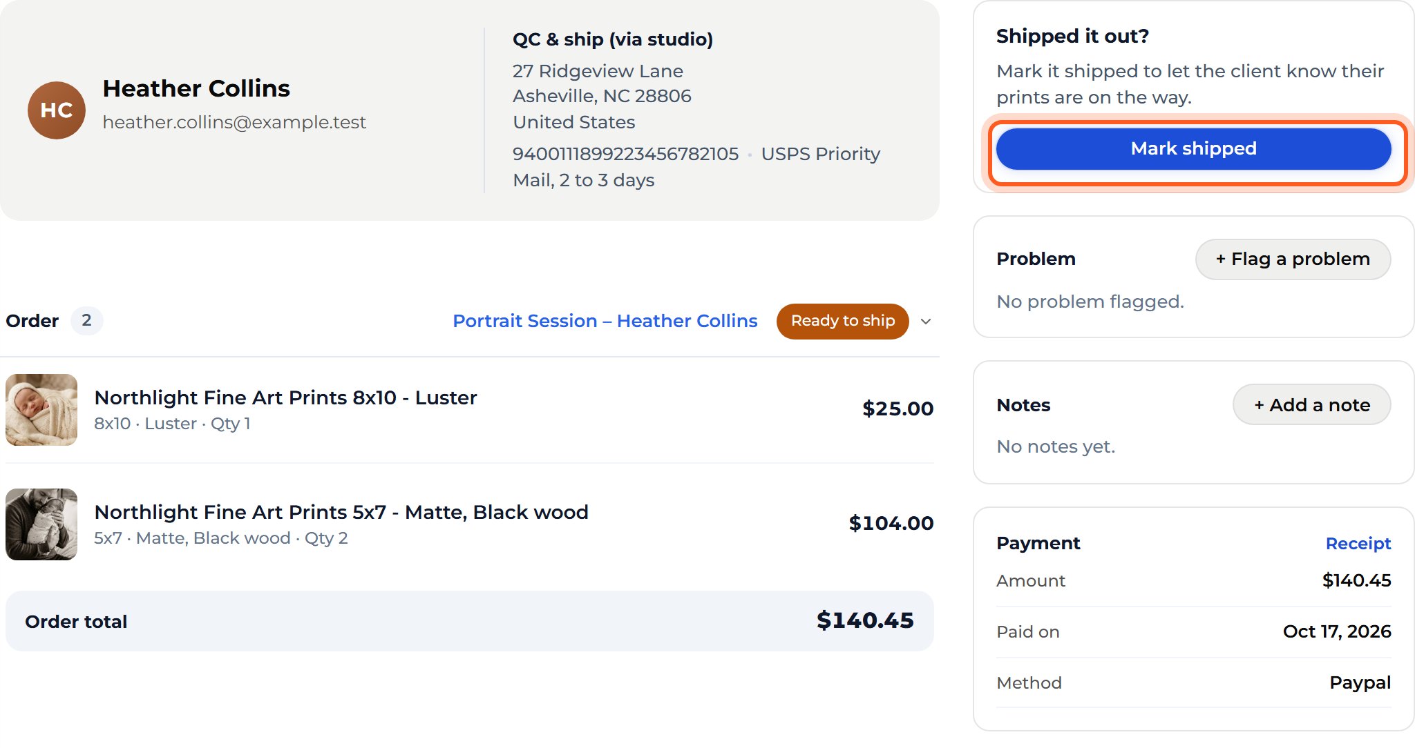 Pack the prints and send them, then press Mark shipped.