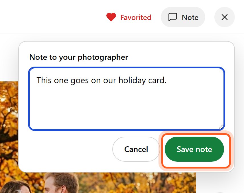 To say more about a photo, they open it larger, press Note, type a message and press Save note.