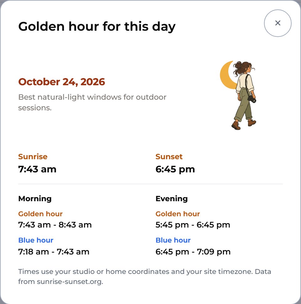 Read the box that opens: sunrise, sunset and the golden hour times for that day.