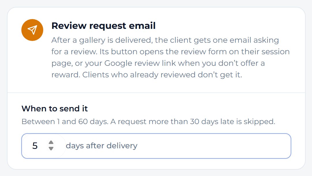 Under When to send it, type how many days after delivery the email goes out, then press Save settings at the top right.