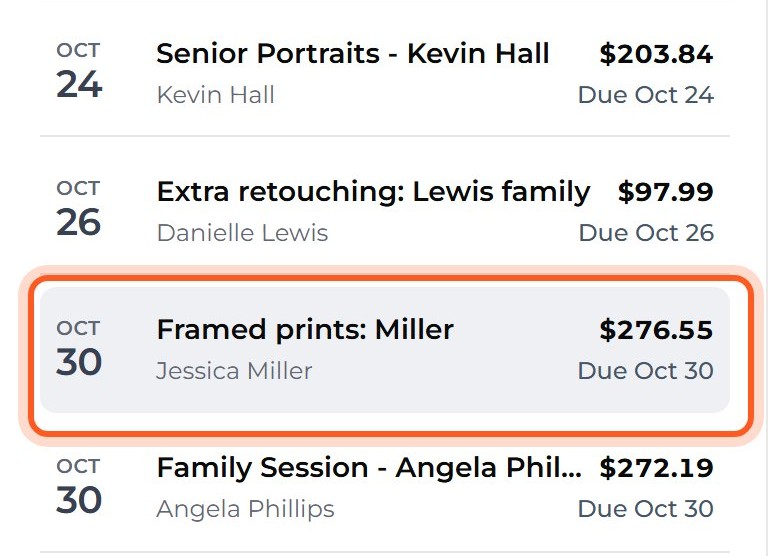 Your new invoice is in the list, with the client's name and the date it is due.