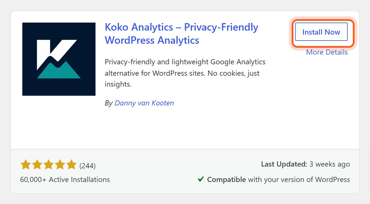 Press Install Now on the Koko Analytics card.