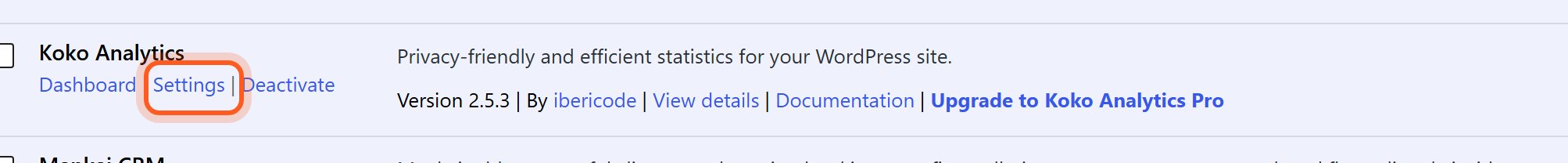 Under Koko Analytics in the plugin list, press Settings.