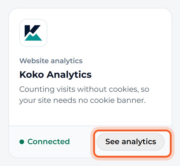 The Koko Analytics card says Connected. Press See analytics.