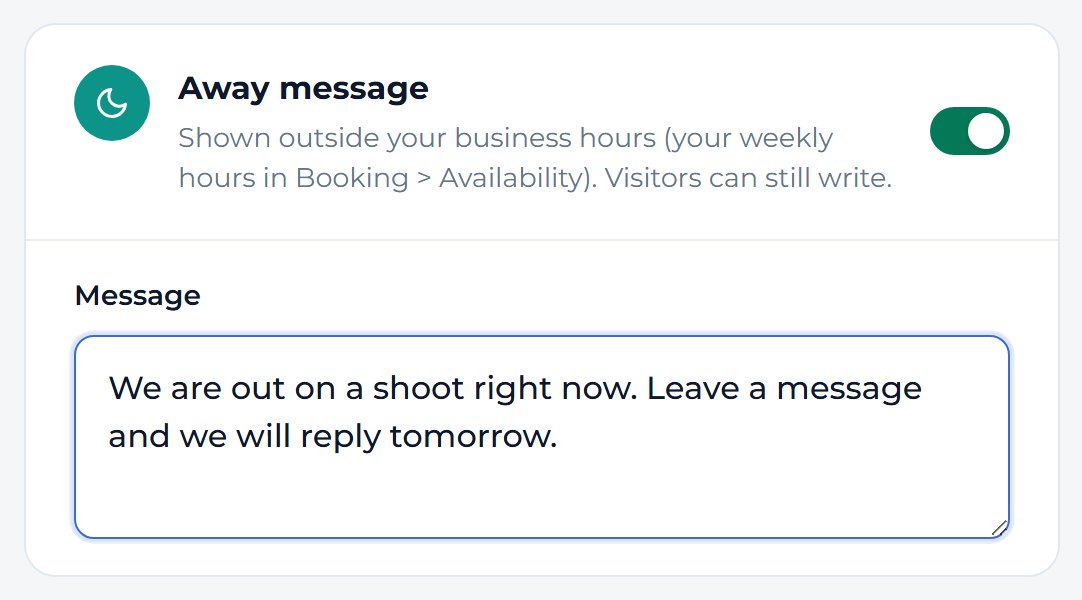 Type what visitors should read after hours in Away message.