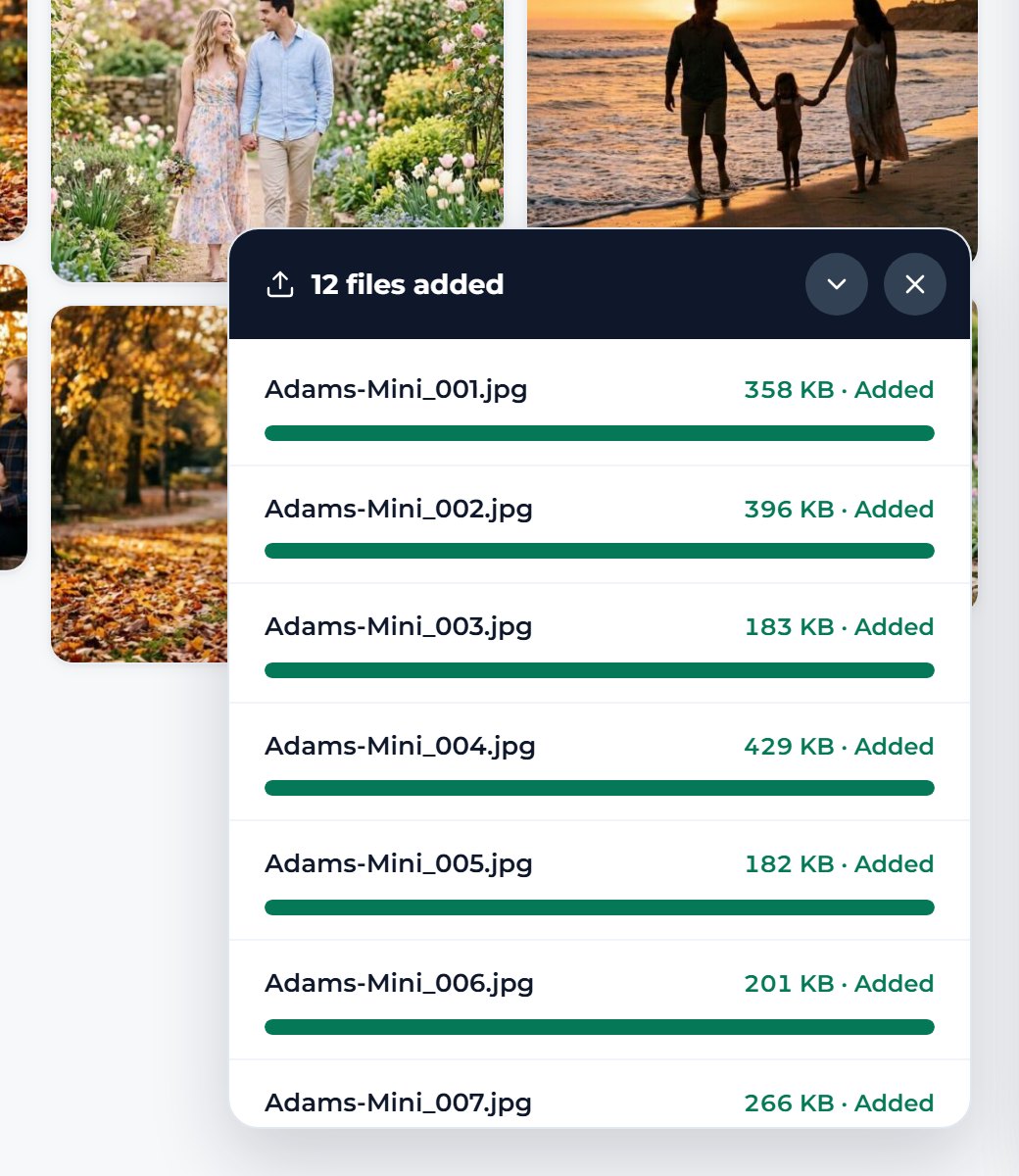 Choose your photos in the window that opens. A box in the corner counts them as they upload.