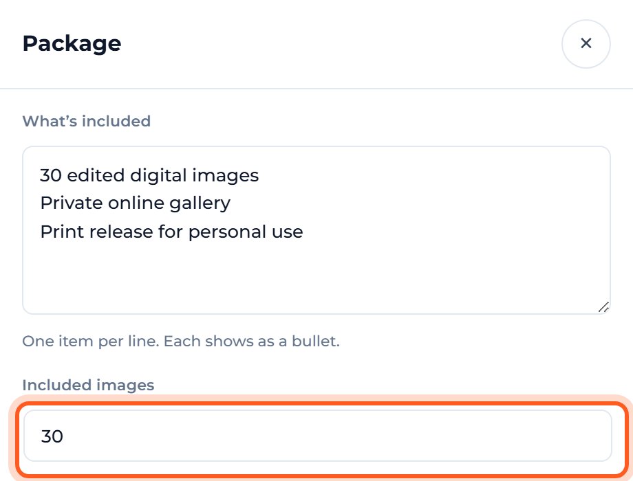 Type what clients get in What’s included, one item per line. Type 30 in Included images, then press Done.