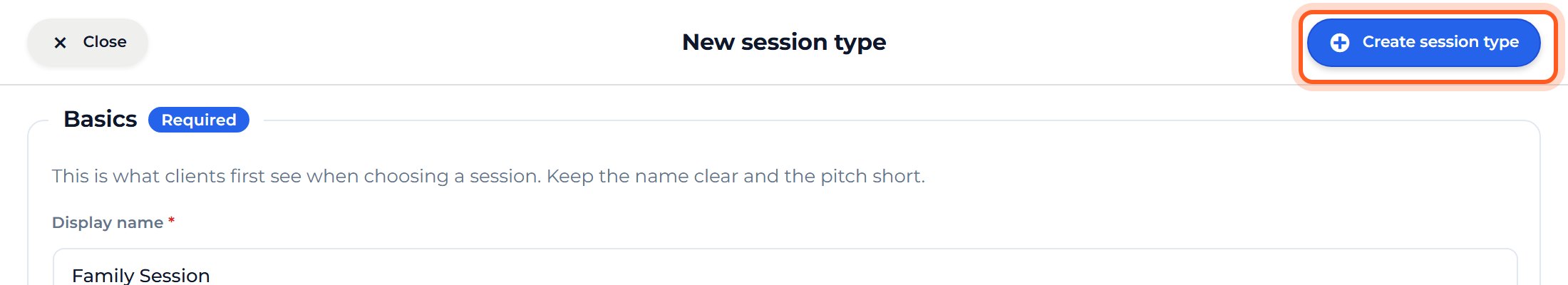 Press Create session type at the top right.