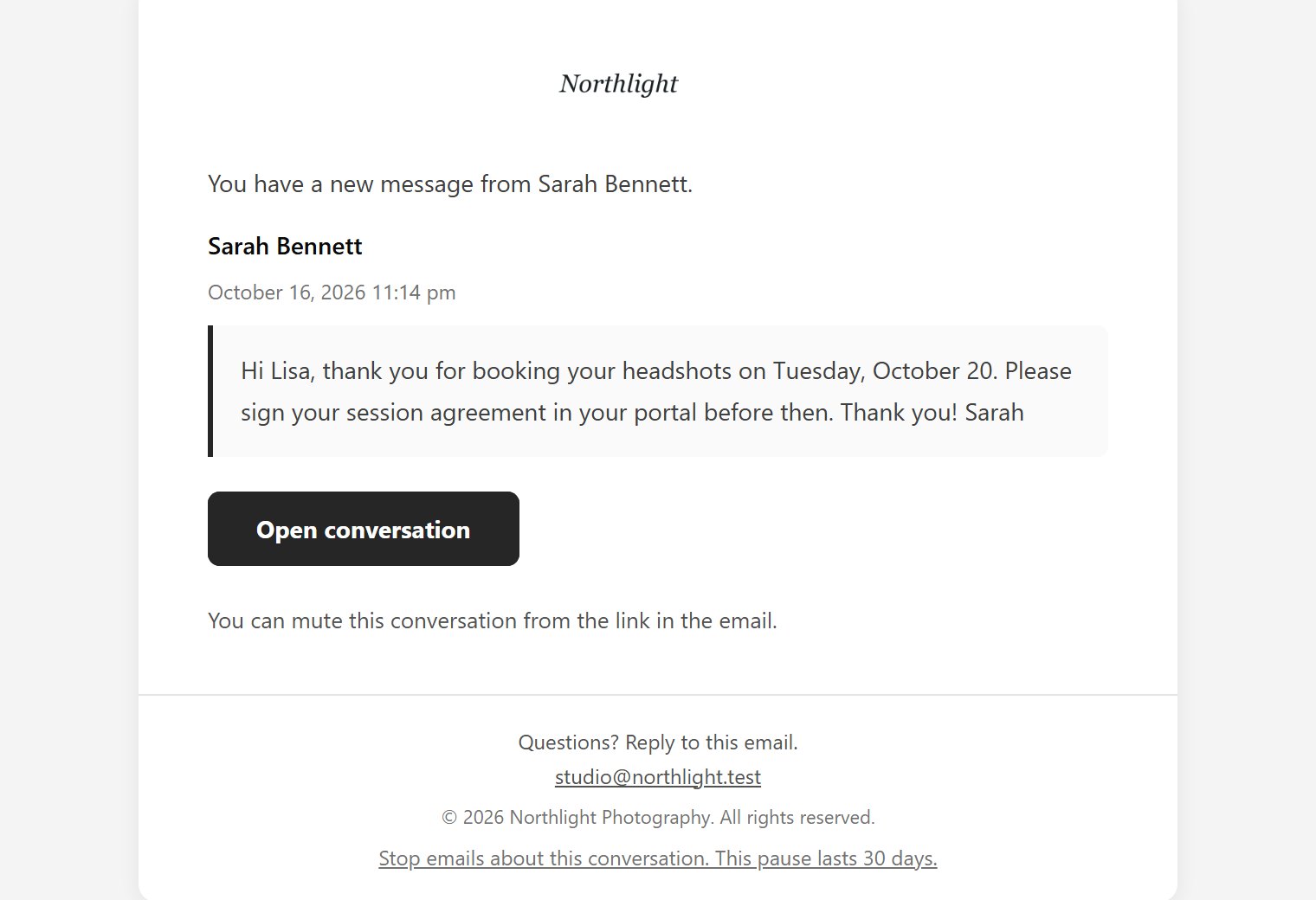 If the client is away, Mankai emails them the message with an Open conversation button.