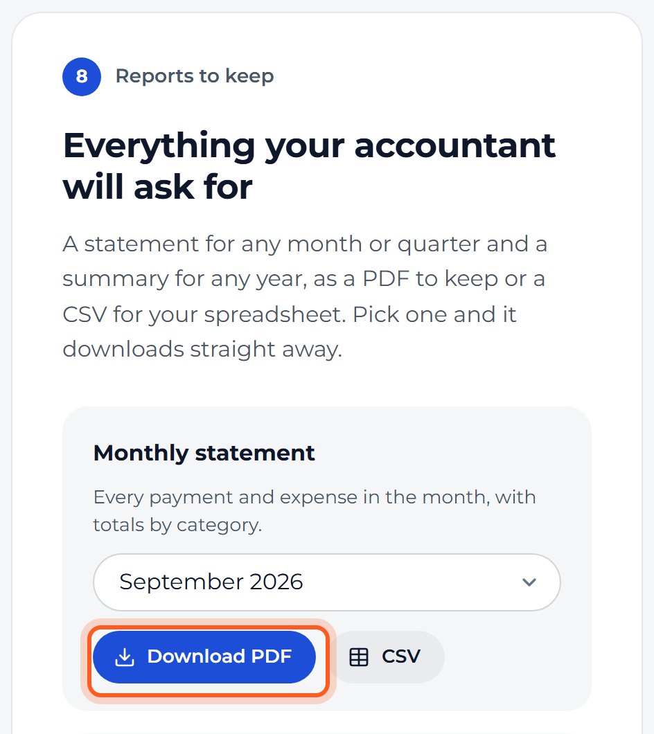 At the bottom, choose a month, quarter or year under Reports to keep and press Download PDF.