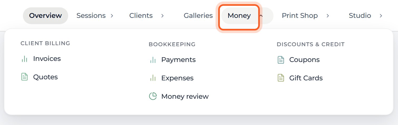 Press Money in the top bar.