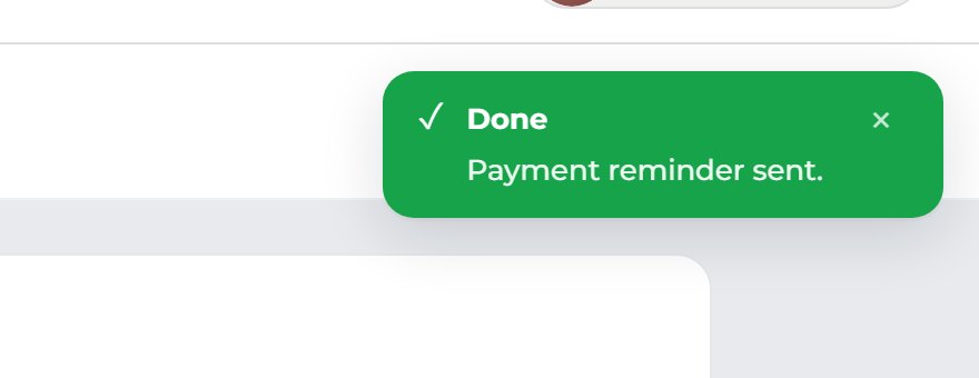 A green message says Payment reminder sent. Your client has the email.