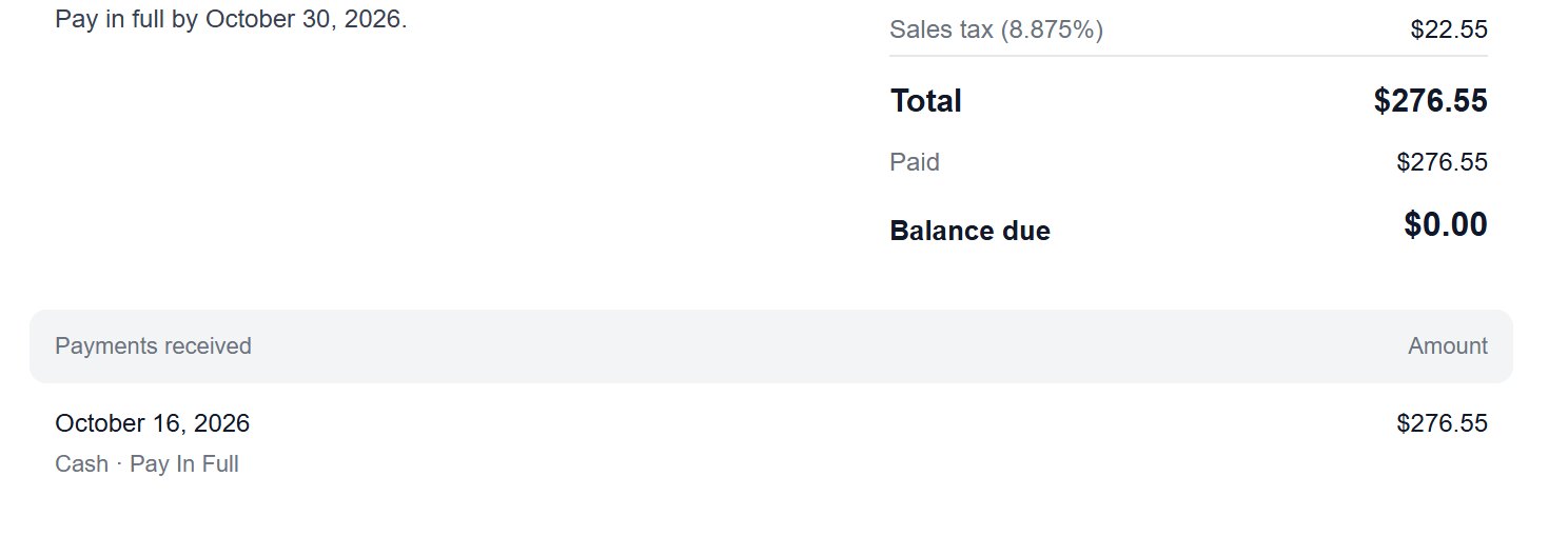 Scroll down the invoice. Balance due is $0.00, and Payments received lists the payment.