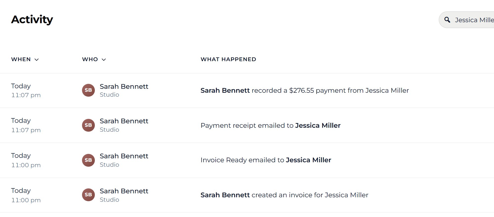 Press the Search icon, then type the client's name. The lines show the payment and the receipt email Mankai sent.