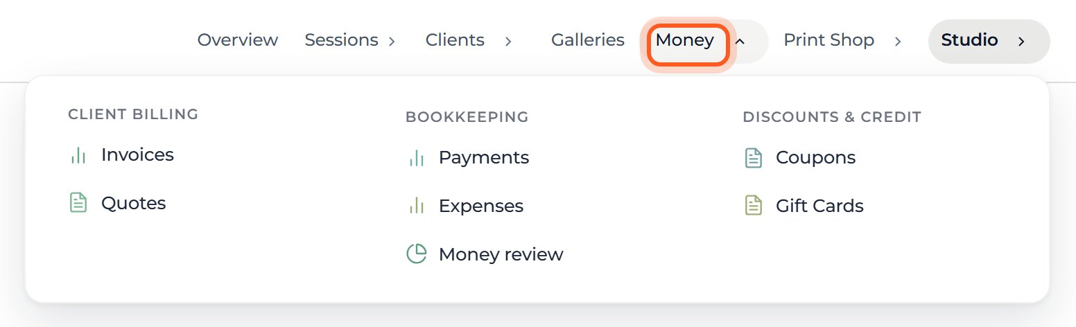 Move your mouse over Money in the top bar.