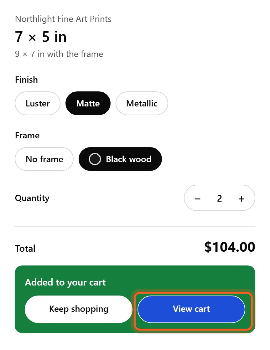She presses Add to cart, then View cart.