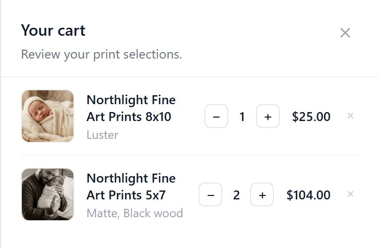 She checks the prints in her cart. − and + change a quantity, and the small x removes a print.