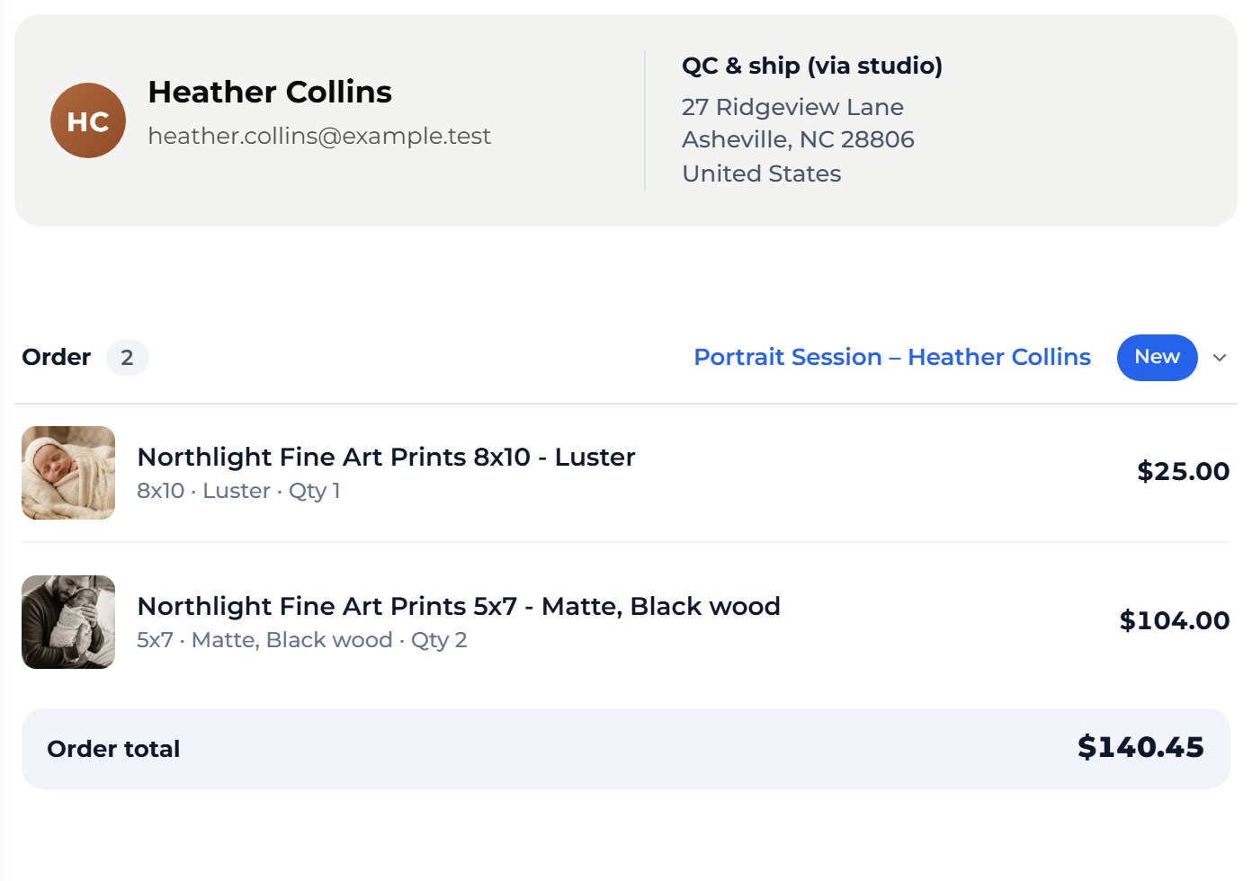 Open it to see who ordered, where it ships, and each print with its size, finish and frame.