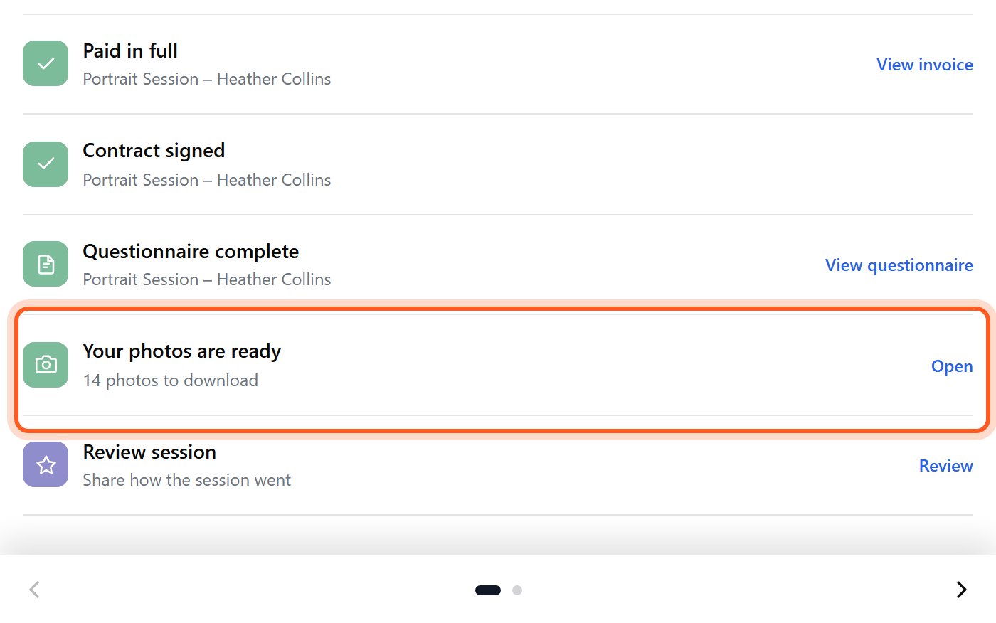 Your client signs in and presses Open on Your photos are ready.