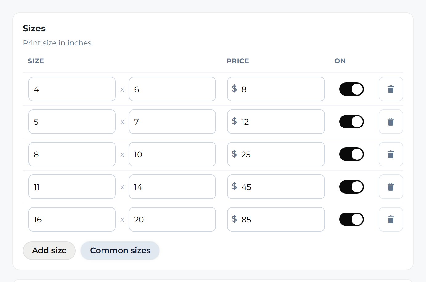 Type your price for each size under Price.