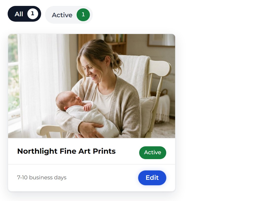 Press Close. Your print shop is on Products with a green Active label.