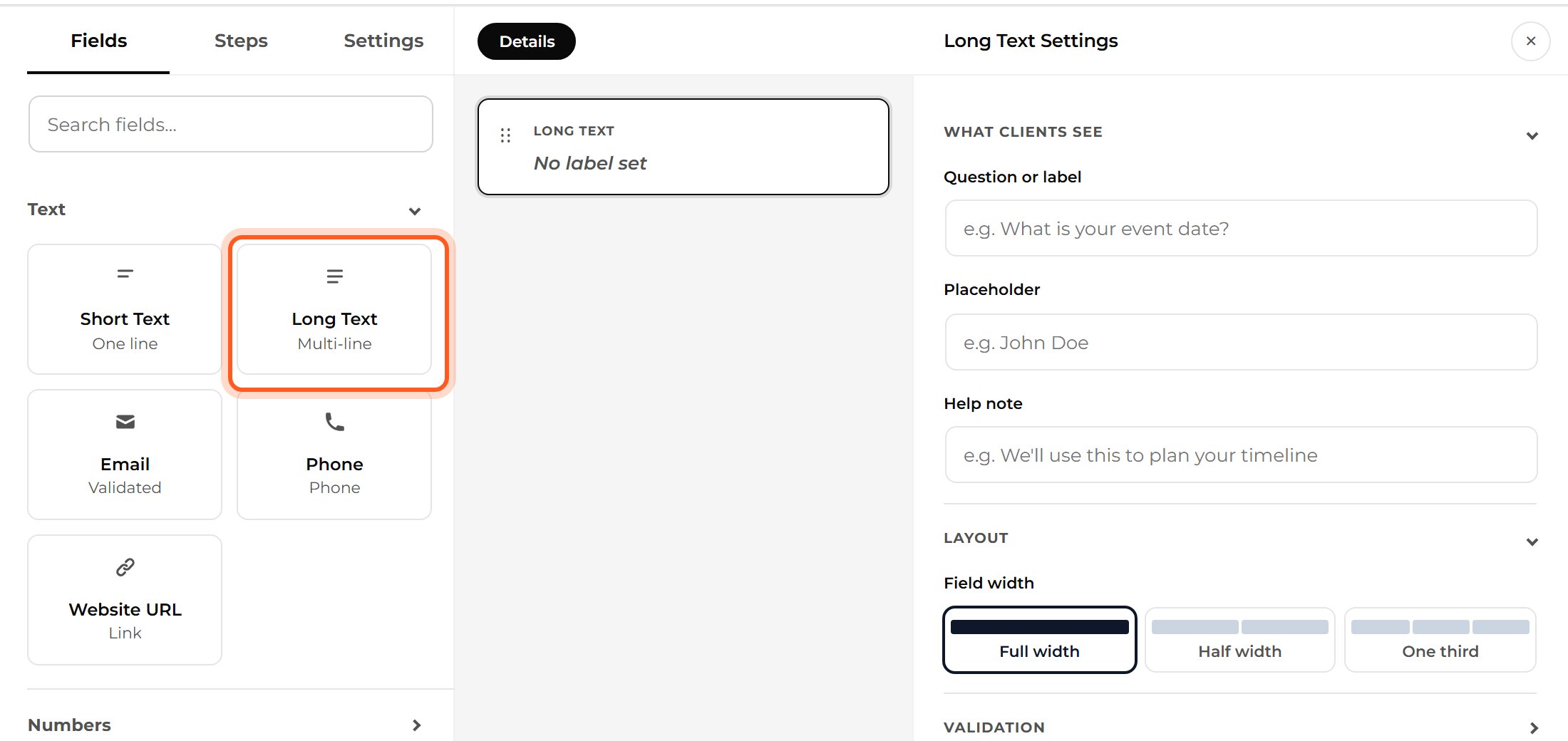 Press Long Text in the Fields list. A question appears in the middle, and its settings open on the right.