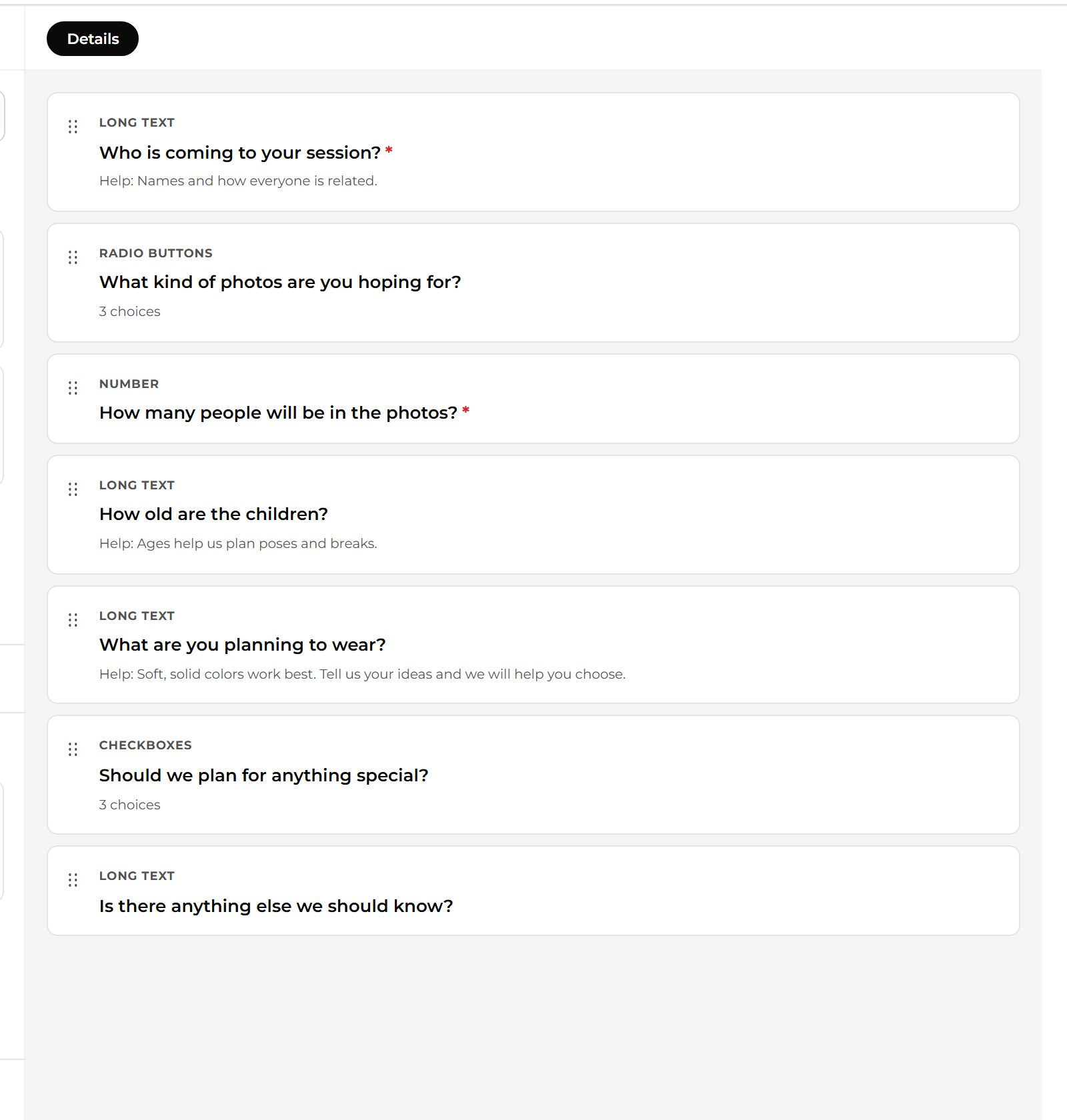 Add more questions the same way: Number for how many people, Long Text for ages and outfits, Checkboxes for special plans.