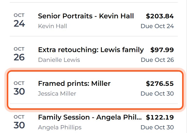 Press the invoice the client paid, such as Framed prints: Miller.