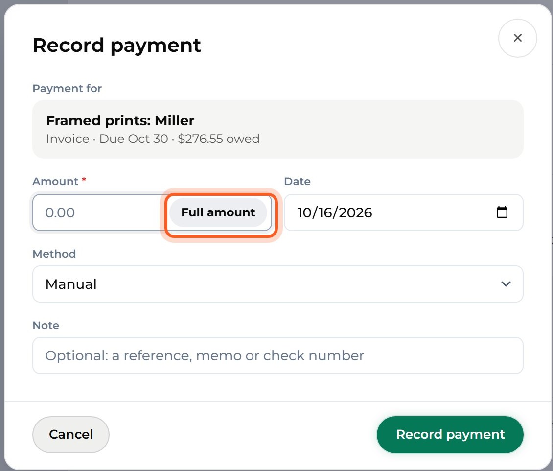 Press Full amount. If the client paid only part, type that amount instead.