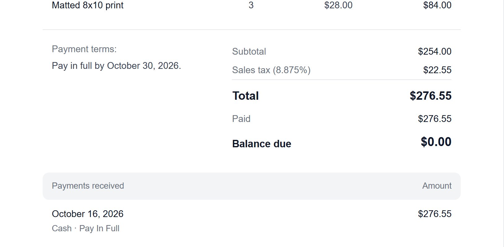 Scroll down. Your payment is listed under Payments received, and Balance due is $0.00.