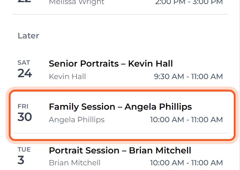 Press the session the client paid for, such as Family Session – Angela Phillips.