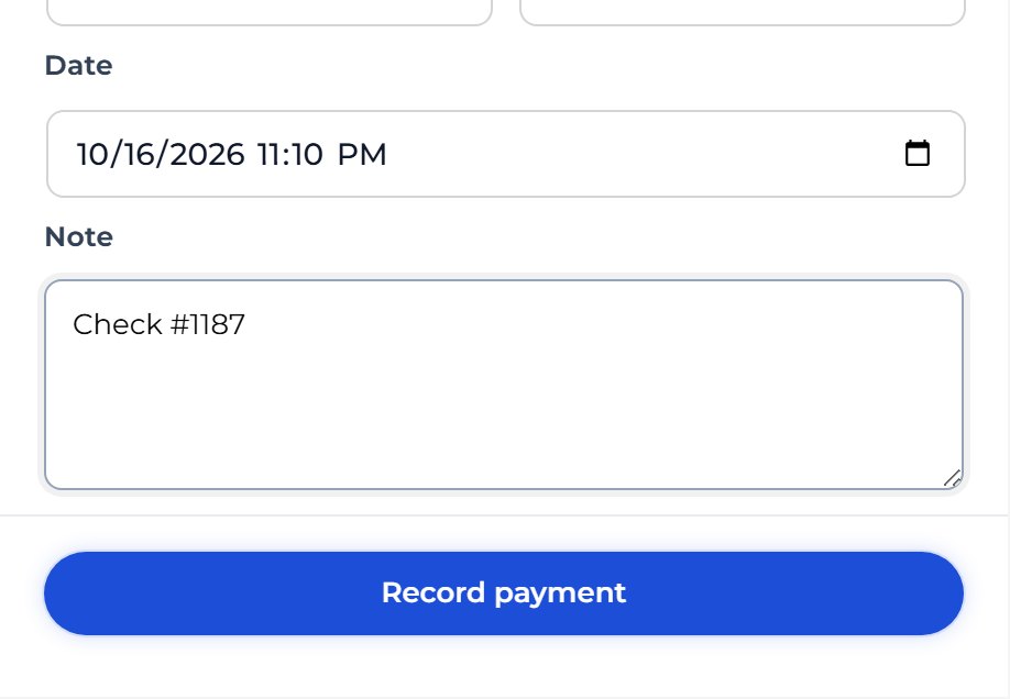 Under Note, type a reminder, such as Check #1187, then press Record payment at the bottom of the panel.
