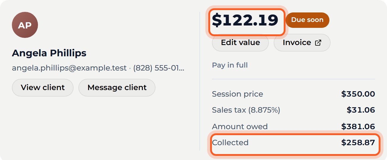 The big number at the top now shows what the client still owes, and Collected has gone up.