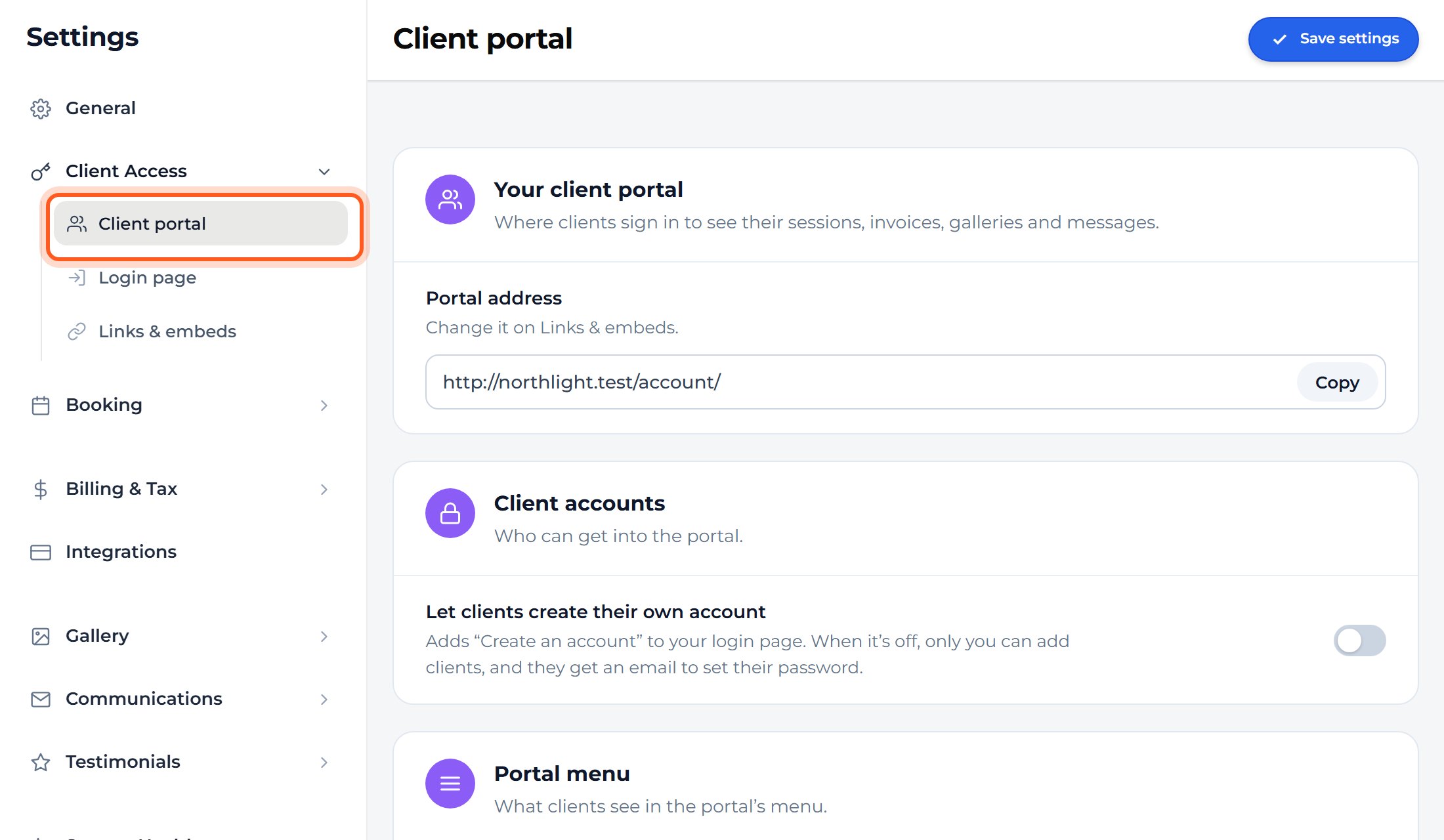Press Client Access, then Client portal. Your client portal, login page and website addresses are set here.